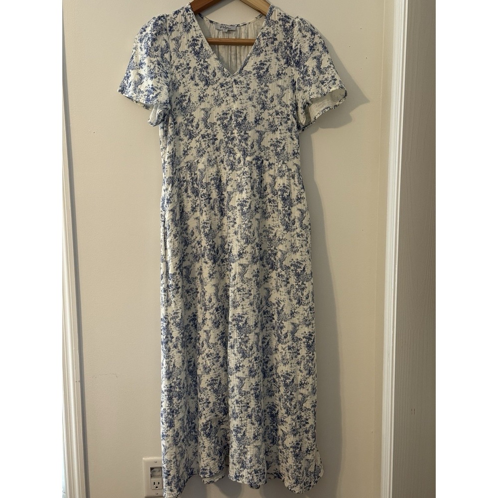 Polagram Blue Floral Maxi Dress Puff S Pockets cotton Cottagecore Boho spring